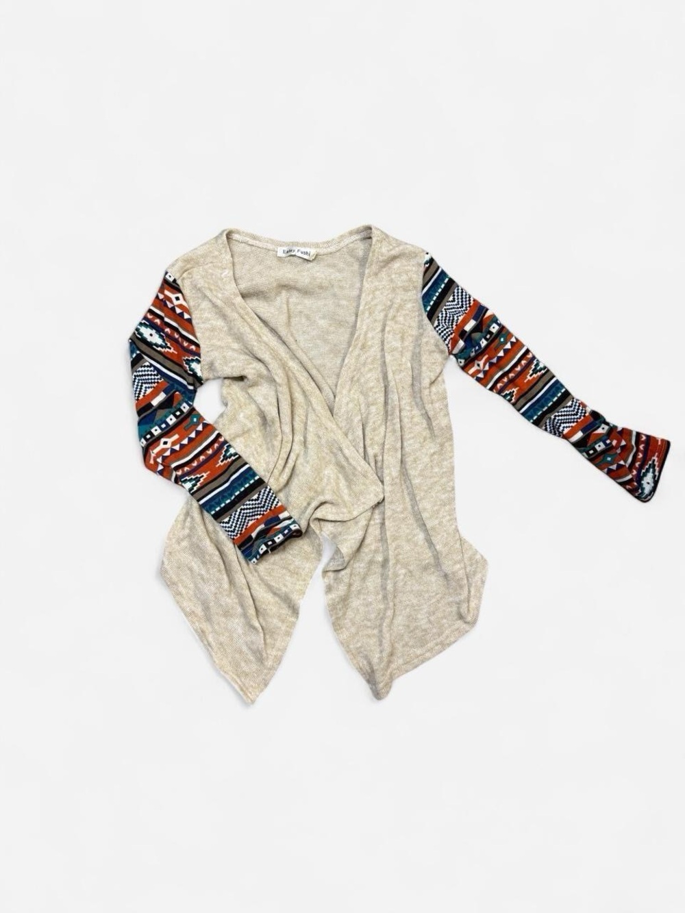 Beige Open-Front Cardigan with Patterned Aztec Sleeves